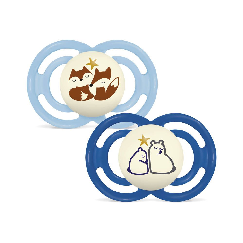 Deux sucettes MAM Perfect Night en silicone bleu, 16+ mois, avec motifs d'animaux.