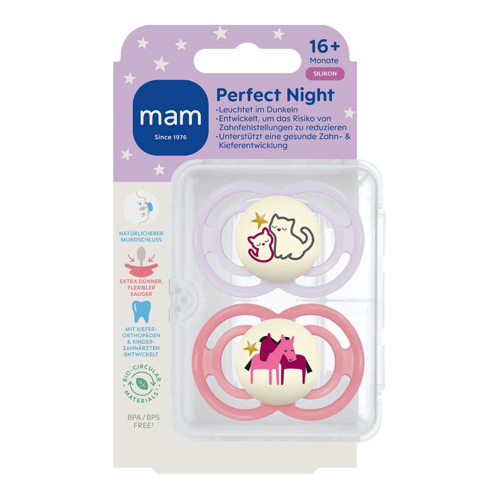 Zwei MAM Perfect Night Schnuller, lila und rosa, mit leuchtenden Tiermotiven (Katze, Pferde). Für Babys ab 16 Monaten.