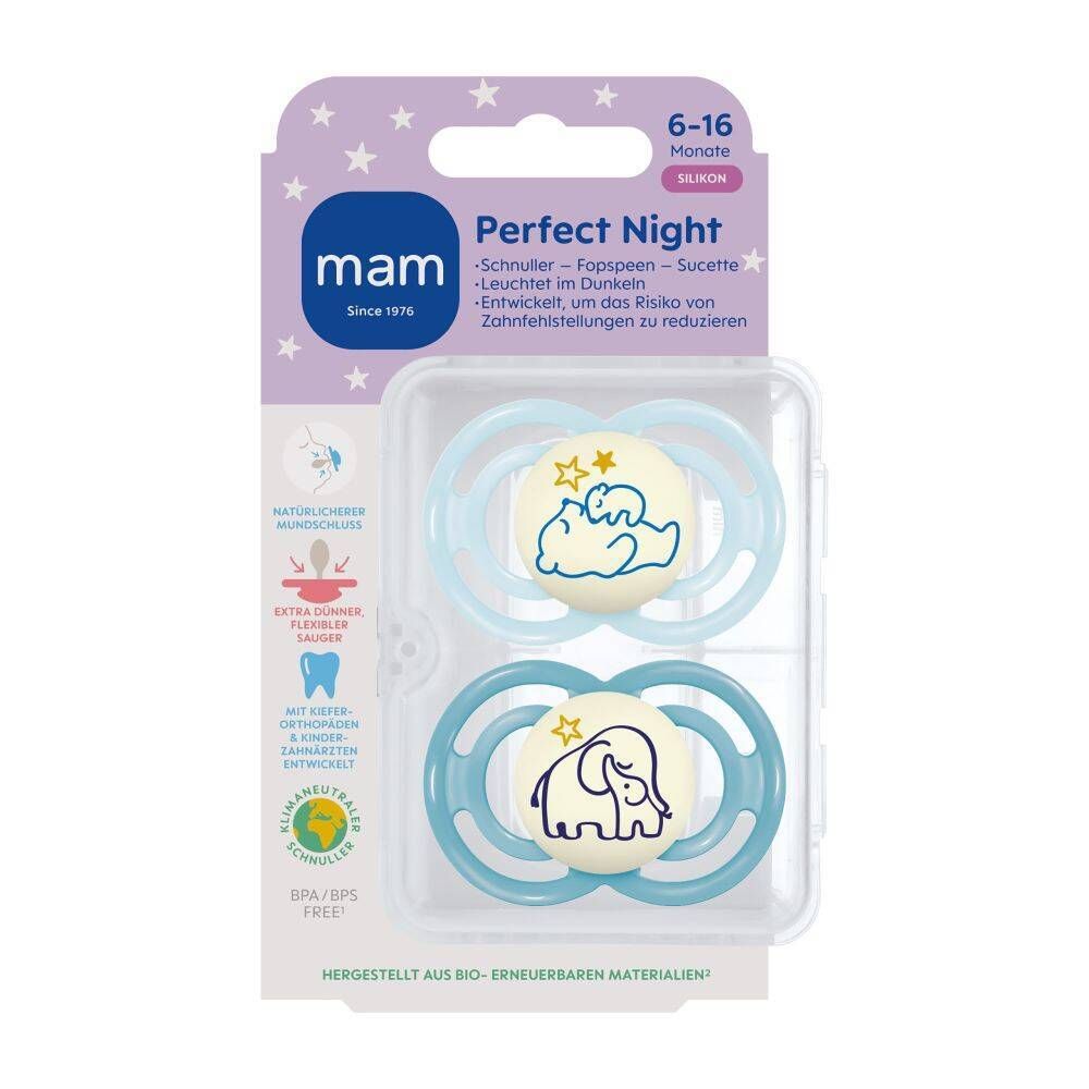 MAM Perfect Night Tétine silicone bleu 6-16 mois