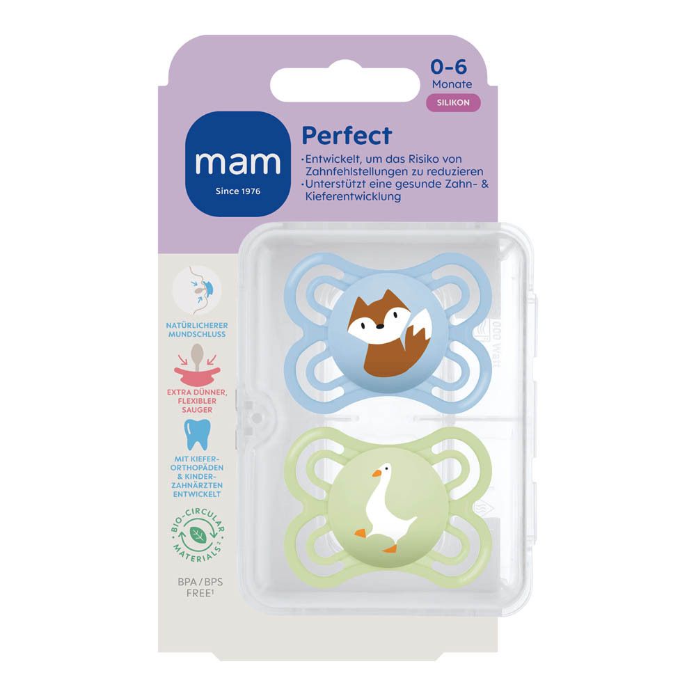Deux sucettes MAM Perfect en silicone, 0-6 mois, bleu et rose avec motifs d'animaux.