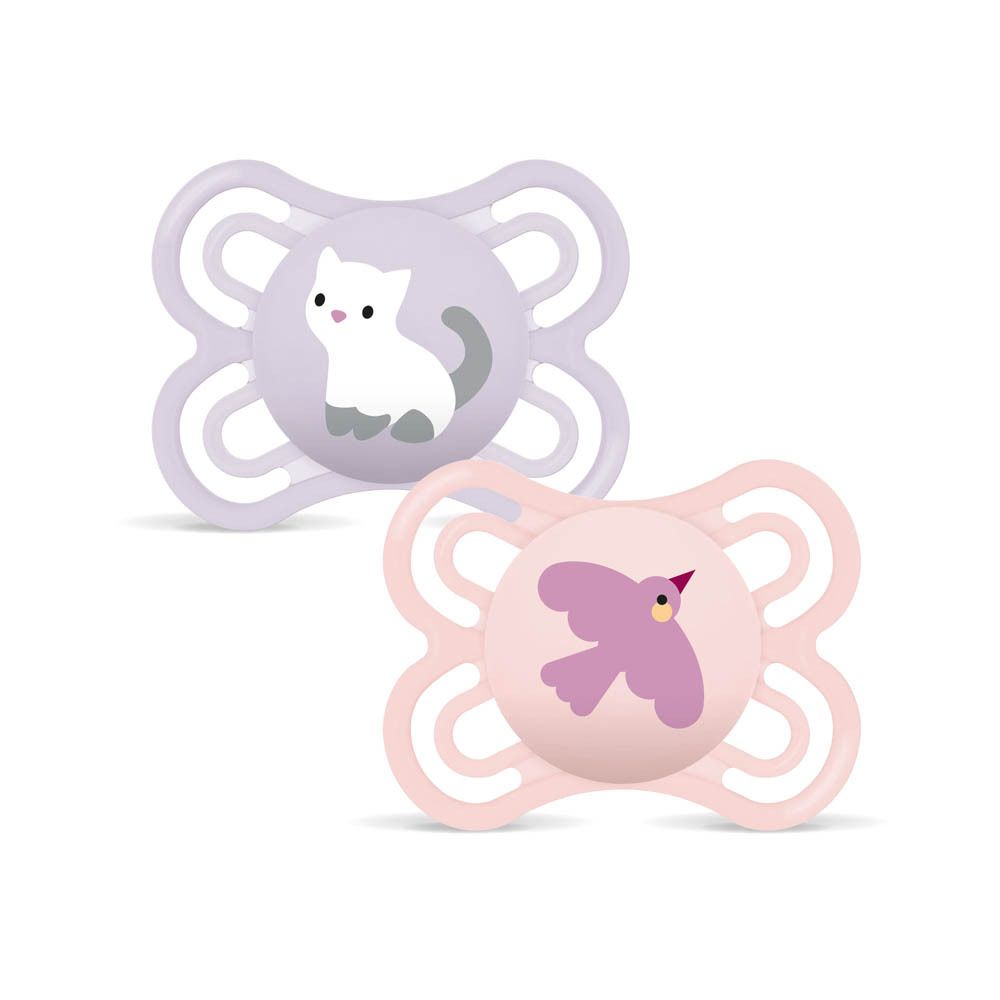 Deux sucettes MAM Perfect en silicone, 0-6 mois, rose avec oiseau et jaune avec papillon.