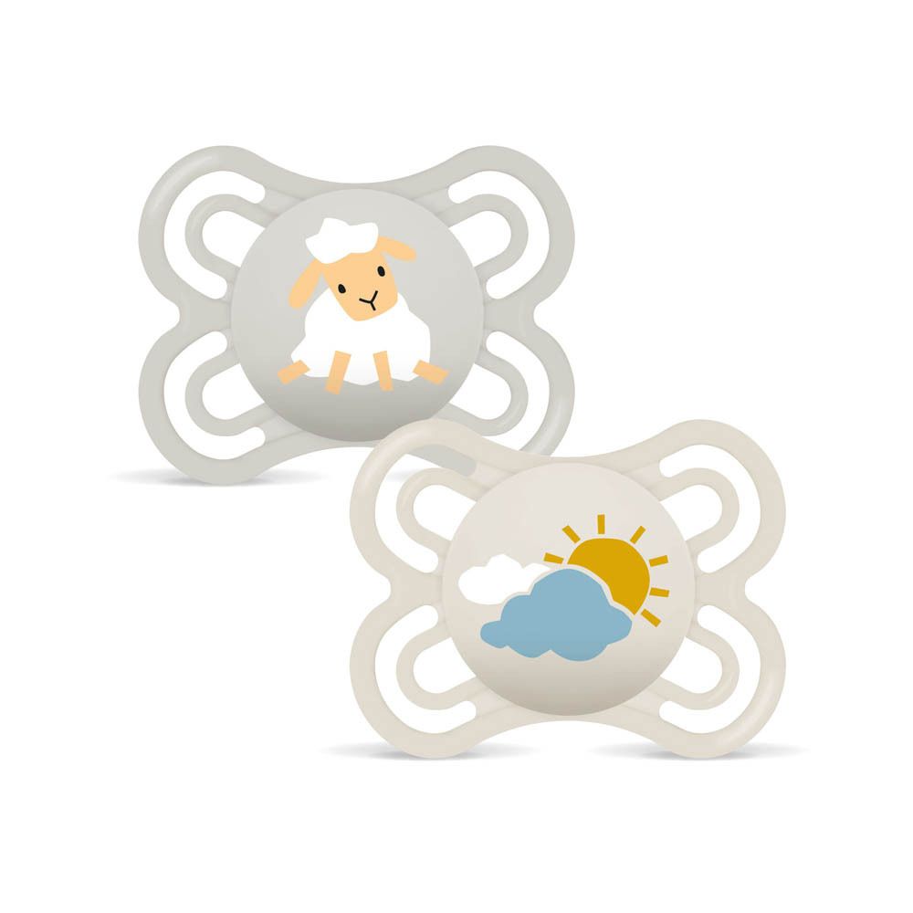 Deux sucettes MAM Perfect en silicone pour 0-6 mois, motifs hérisson et lion.