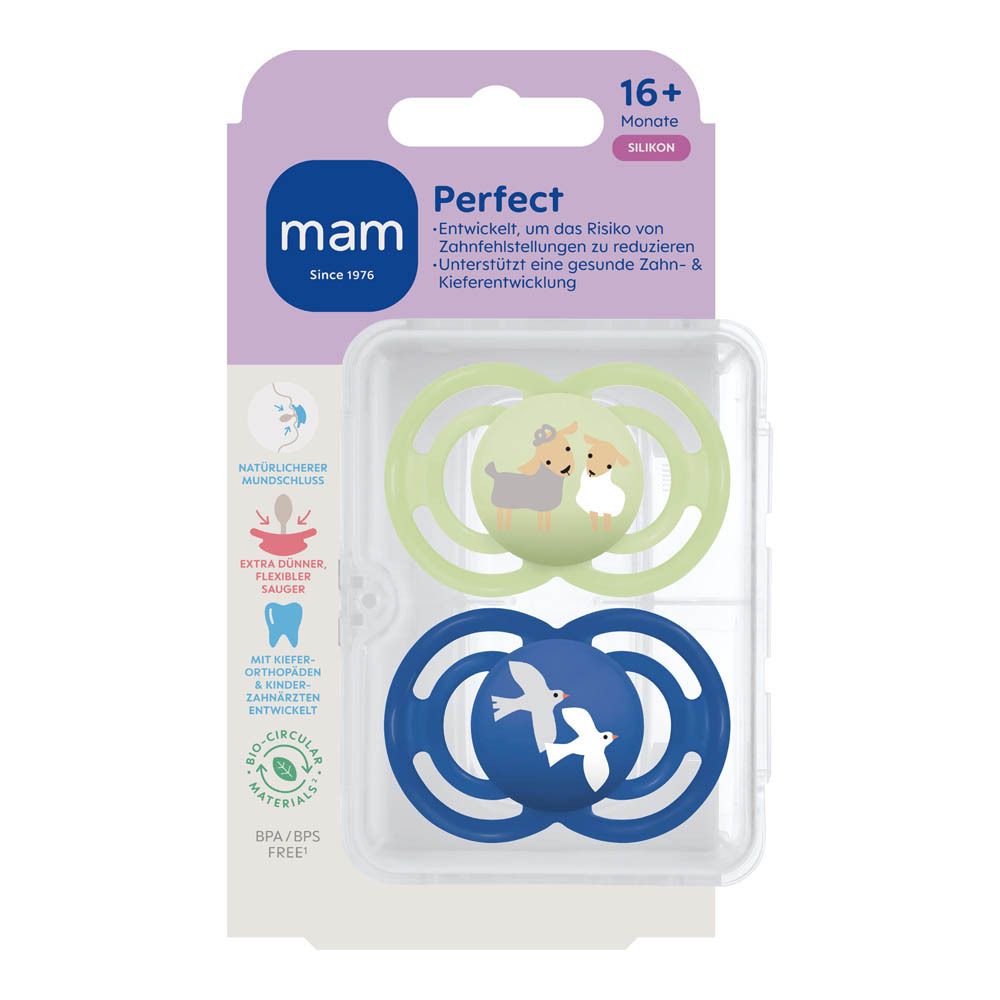 Deux sucettes MAM Perfect en silicone bleu clair, 16+ mois. Une sucette avec motif éléphant, l'autre avec motif ours.