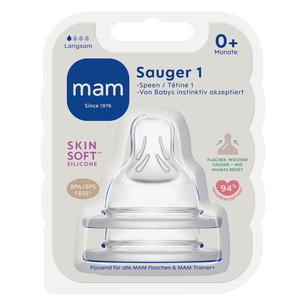 Tétine Mam 1, silicone Skin Soft, sans BPA/BPS, pour tous biberons Mam.
