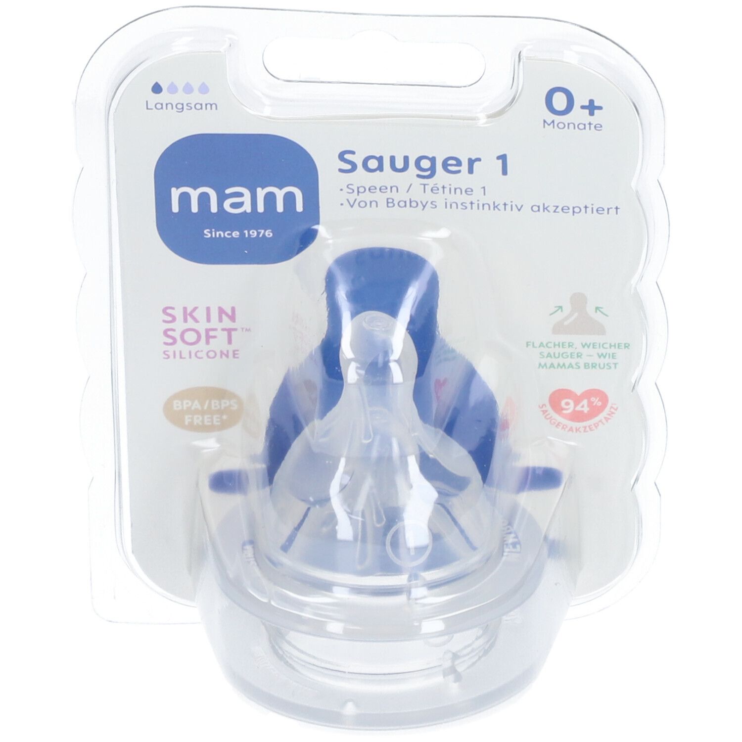 Mam Sauger 1, Grösse 1, Skin Soft Silikon, BPA-frei, für Babys ab 0+ Monaten.