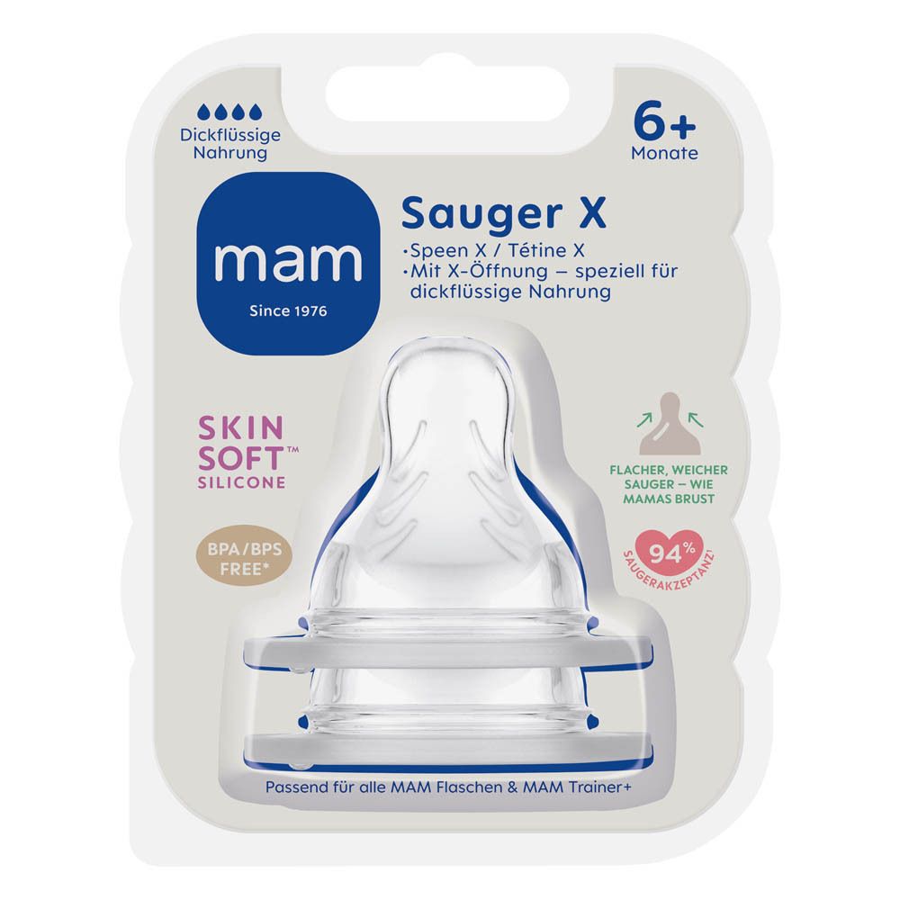 MAM Sauger X, Gr. 3, für dicke Nahrung, SkinSoft Silikon, BPA/BPS frei.