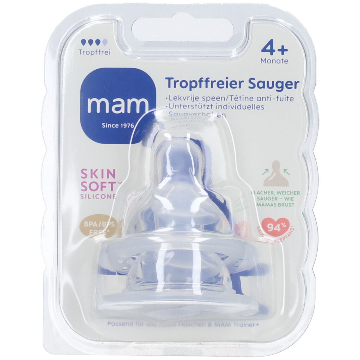 MAM Sauger, 4+ Monate, tropffrei, in Blisterverpackung. Silikon, BPA/BPS-frei. Text: Skin Soft, seit 1976.
