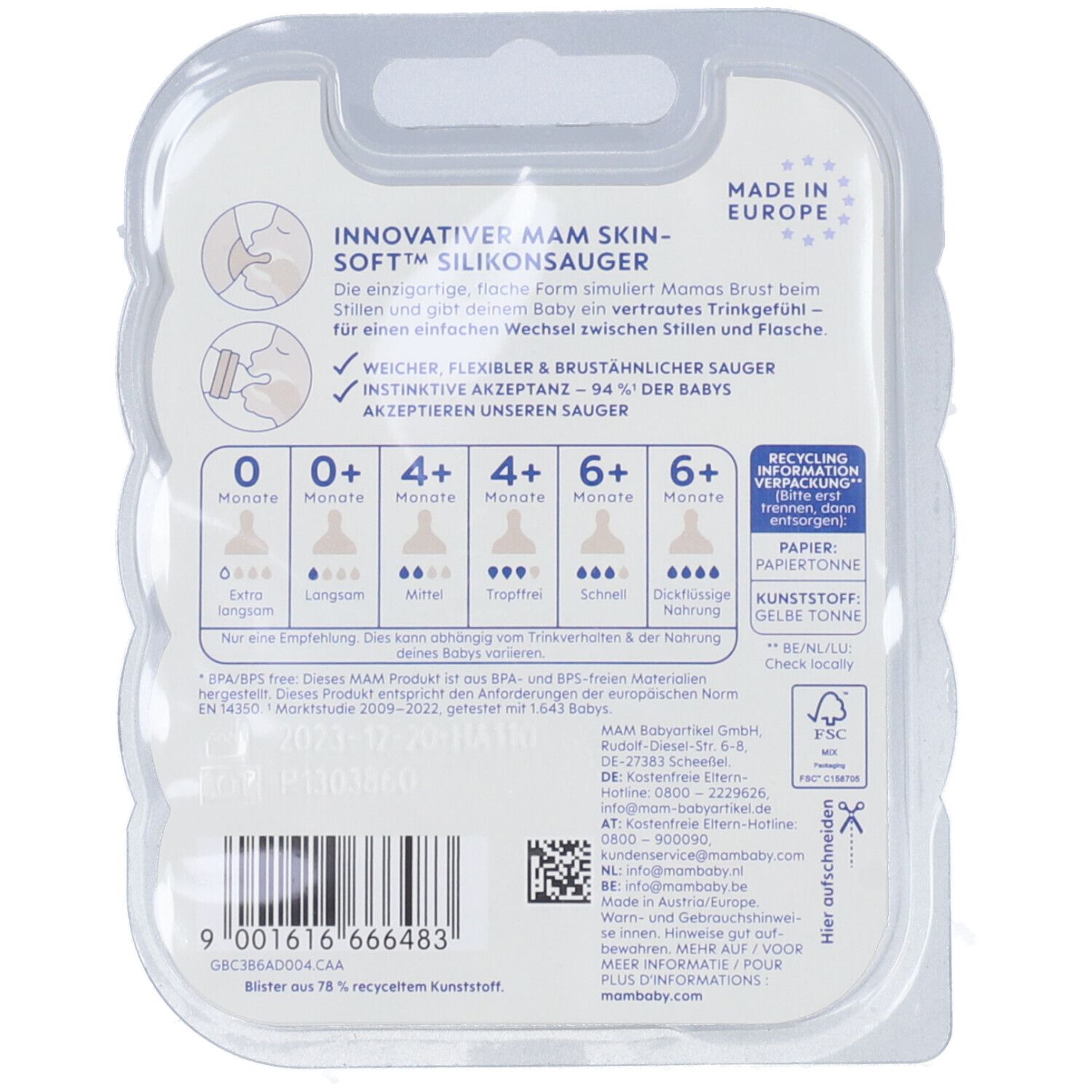 Rückseite der MAM Sauger-Verpackung. Text: Innovativer MAM Skin Soft Silikonsauger. Altersempfehlungen: 0+, 4+, 6+ Monate. Recycling-Hinweis.