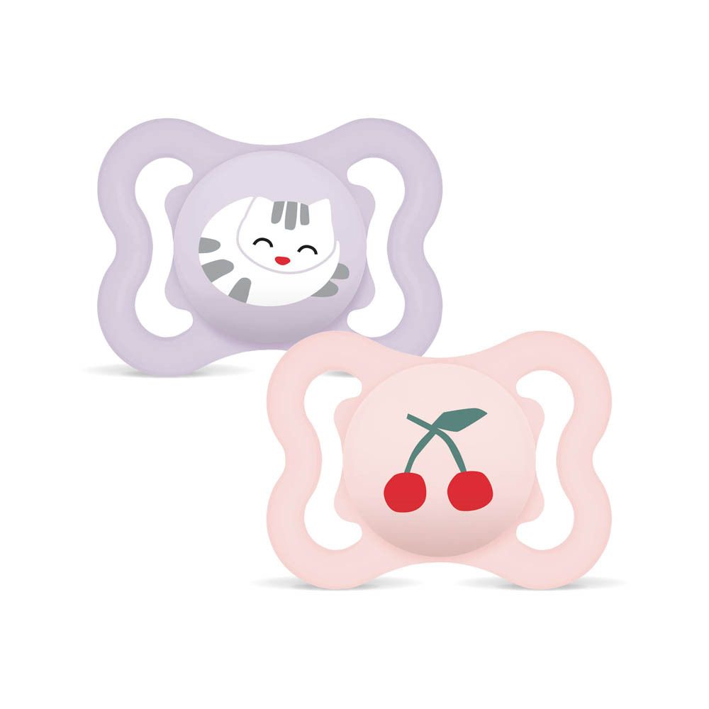 Deux sucettes MAM Supreme, 0-6 mois, silicone. Une violette motif oiseau, une rose motif fleurs.