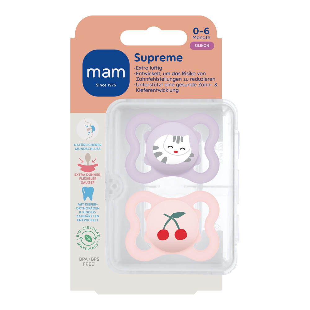 Deux sucettes MAM Supreme, 0-6 mois, silicone. Une violette motif oiseau, une rose motif fleurs.