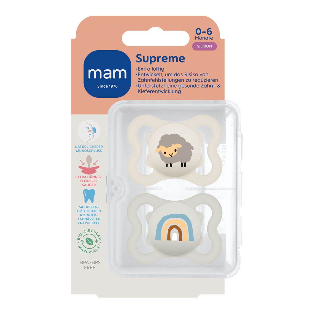 Zwei MAM Supreme Silikon-Schnuller, 0-6 Monate. Einer mit Schafmotiv, der andere mit Regenbogen.