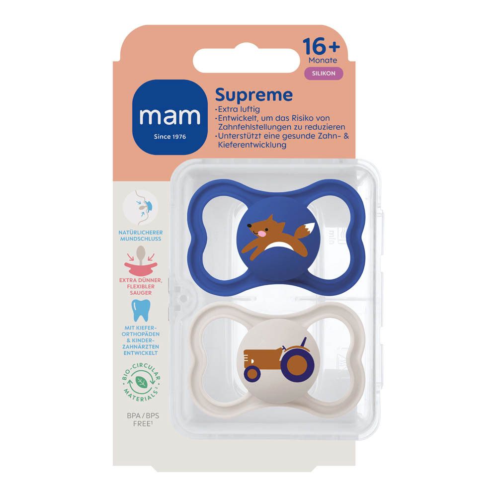 Deux sucettes MAM Supreme en silicone bleu et gris avec motifs animaux (renard, tracteur), 16+ mois.