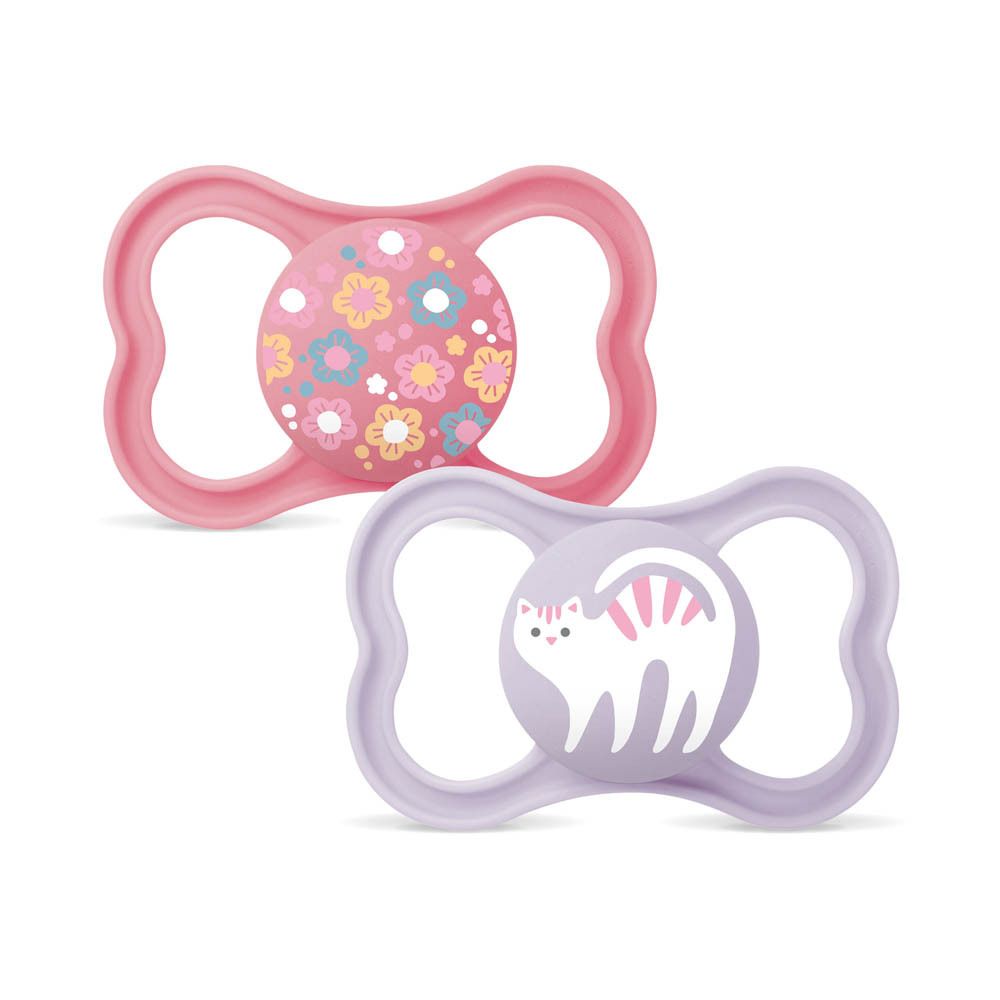 Emballage de deux sucettes MAM Supreme en silicone, rose et violet, 16+ mois. Motifs animal et floral.