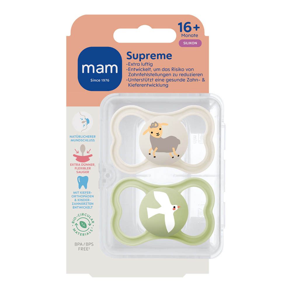 Deux sucettes MAM Supreme en silicone, 16+ mois. Une verte motif feuilles, une beige écureuil.