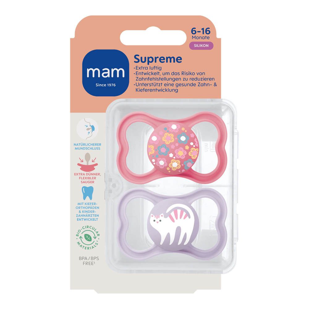 Deux sucettes MAM Supreme Rose et Lilas avec motifs animaliers, 6-16 mois.