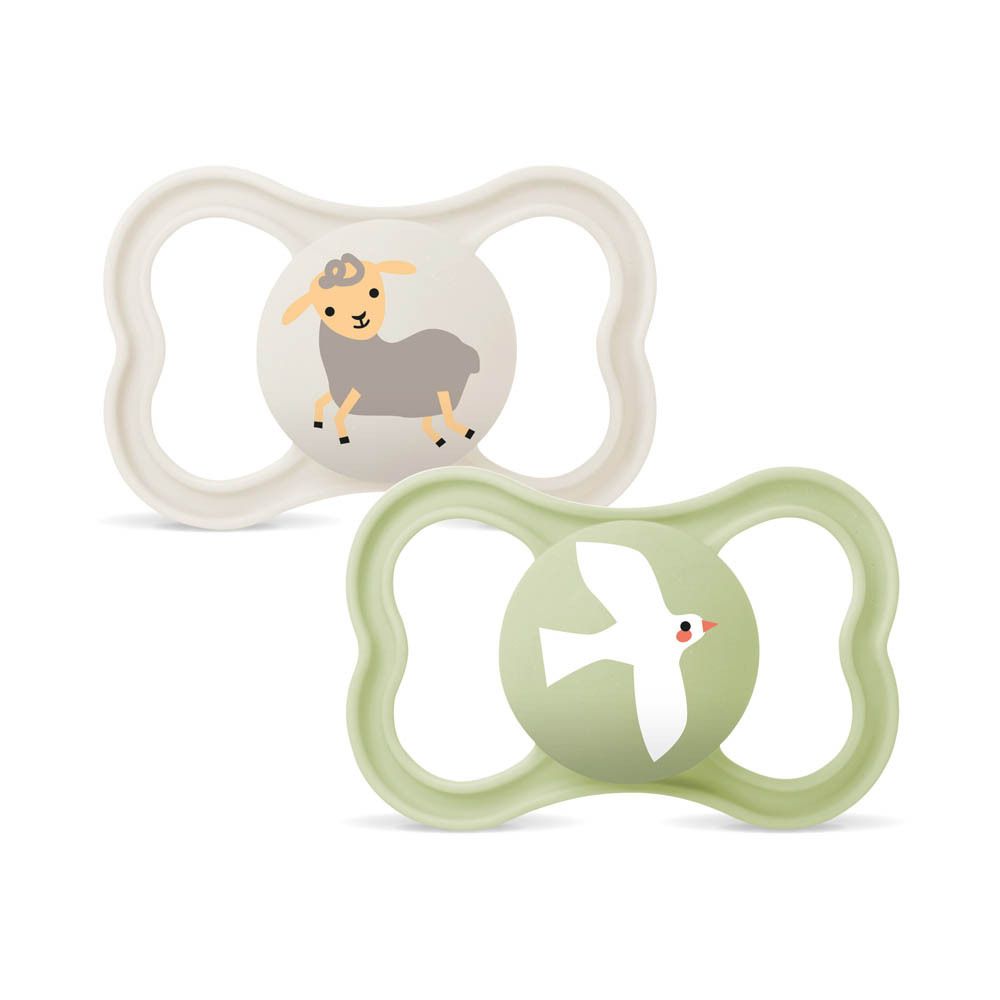 Deux sucettes MAM Supreme en silicone (6-16 mois) beige et vert avec motifs animaux (écureuil, feuilles).