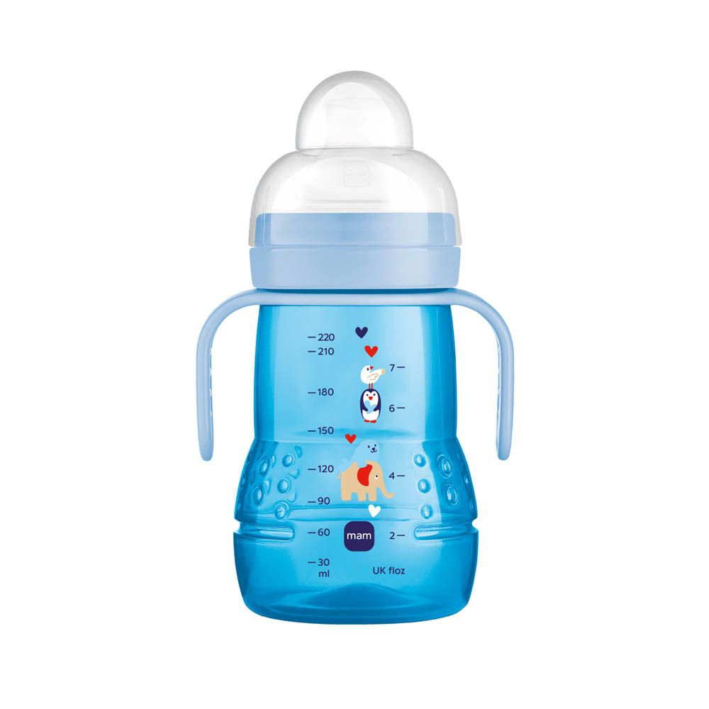 Biberon d'apprentissage bleu MAM Trainer+ avec poignées et motifs animaliers. Graduation de 30 à 220 ml.