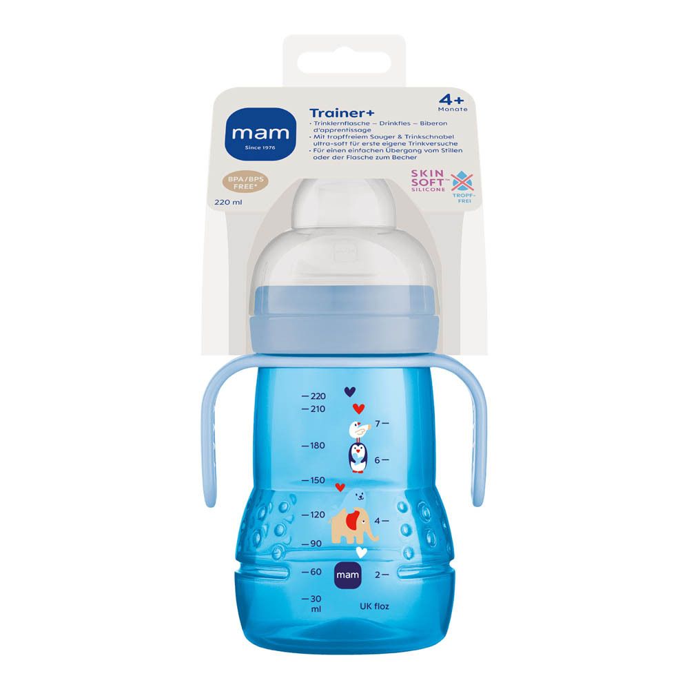 Biberon d'apprentissage bleu MAM Trainer+ avec poignées et motifs animaliers. Graduation de 30 à 220 ml.