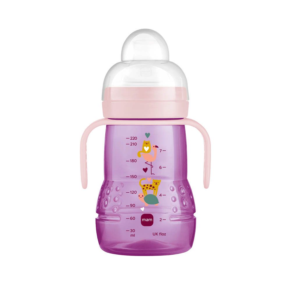 Gobelet MAM Trainer+ violet avec poignées et échelle de mesure. Bouchon et bec roses. Motifs animaliers.