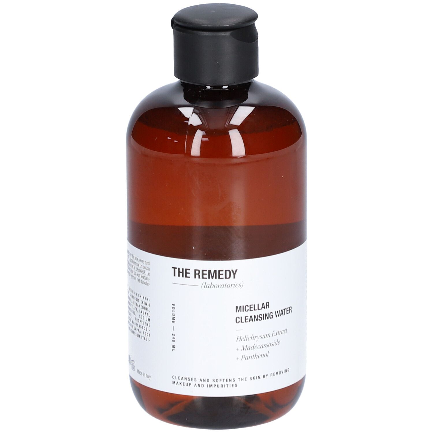 Braune Flasche mit schwarzem Deckel. Aufschrift: THE REMEDY (laboratories) Micellar Cleansing Water. Enthält Helichrysum Extract, Madecassoside, Panthenol.