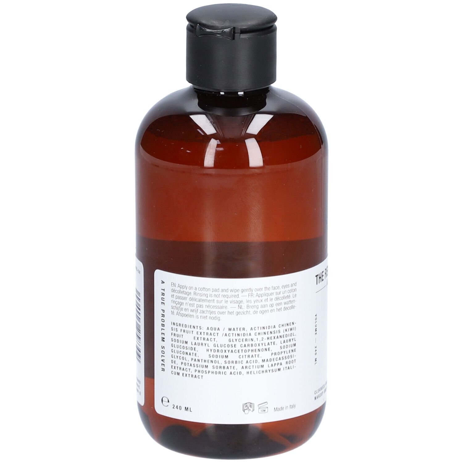 Braune Flasche mit schwarzem Deckel. Aufschrift: THE REMEDY. Rückseite mit Inhaltsstoffen und Anwendungshinweisen. Fassungsvermögen: 245 ml.