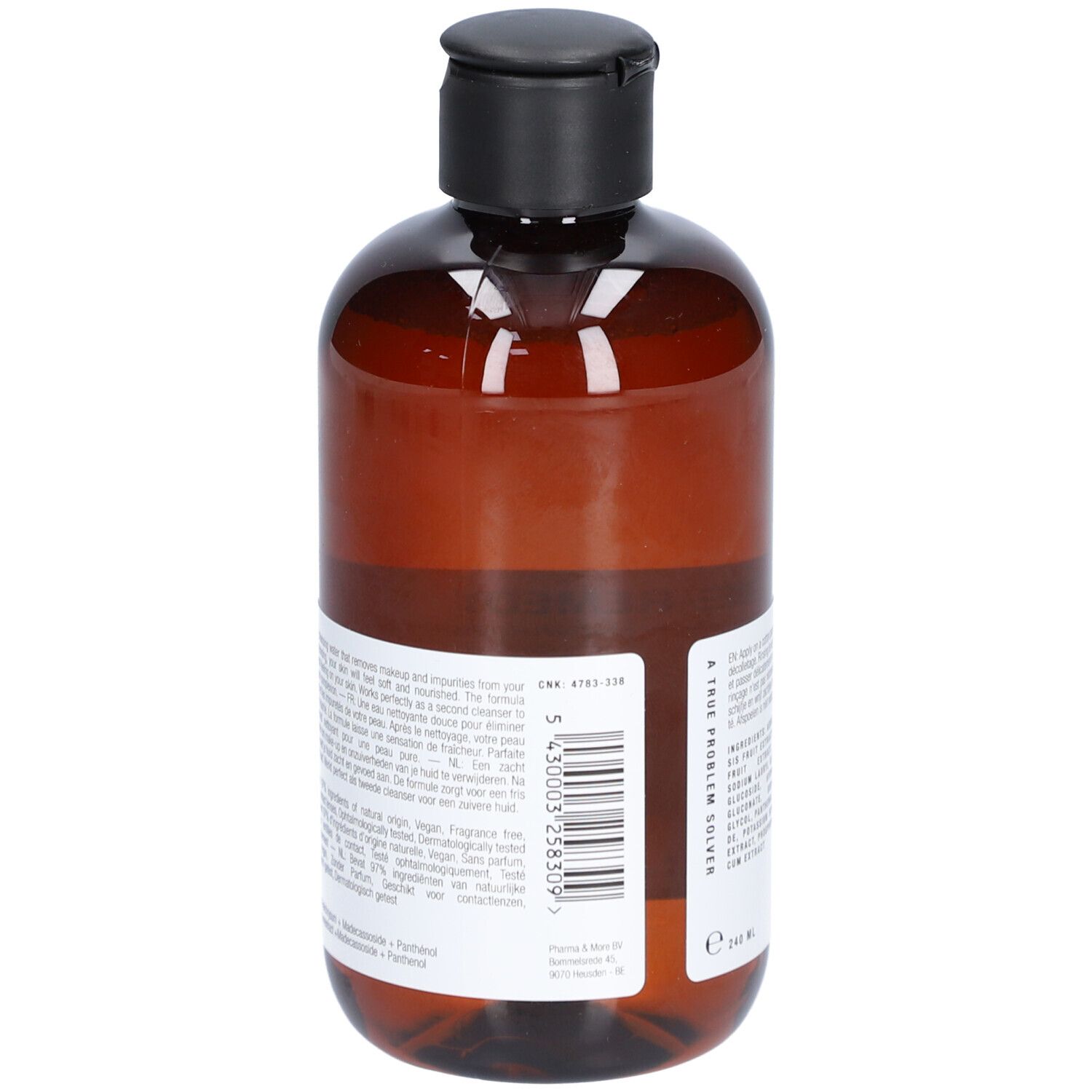 Braune Flasche mit schwarzem Deckel. Aufschrift: THE REMEDY. Rückseite mit Produktinformationen und Barcode. Fassungsvermögen: 245 ml.