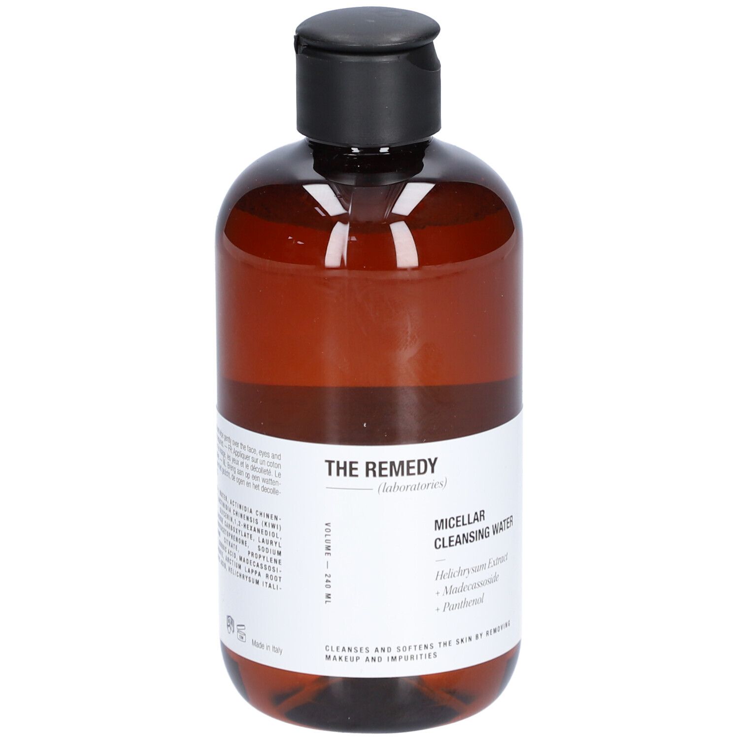Braune Flasche mit schwarzem Deckel. Aufschrift: THE REMEDY (laboratories) Micellar Cleansing Water. Enthält Helichrysum Extract, Madecassoside, Panthenol.