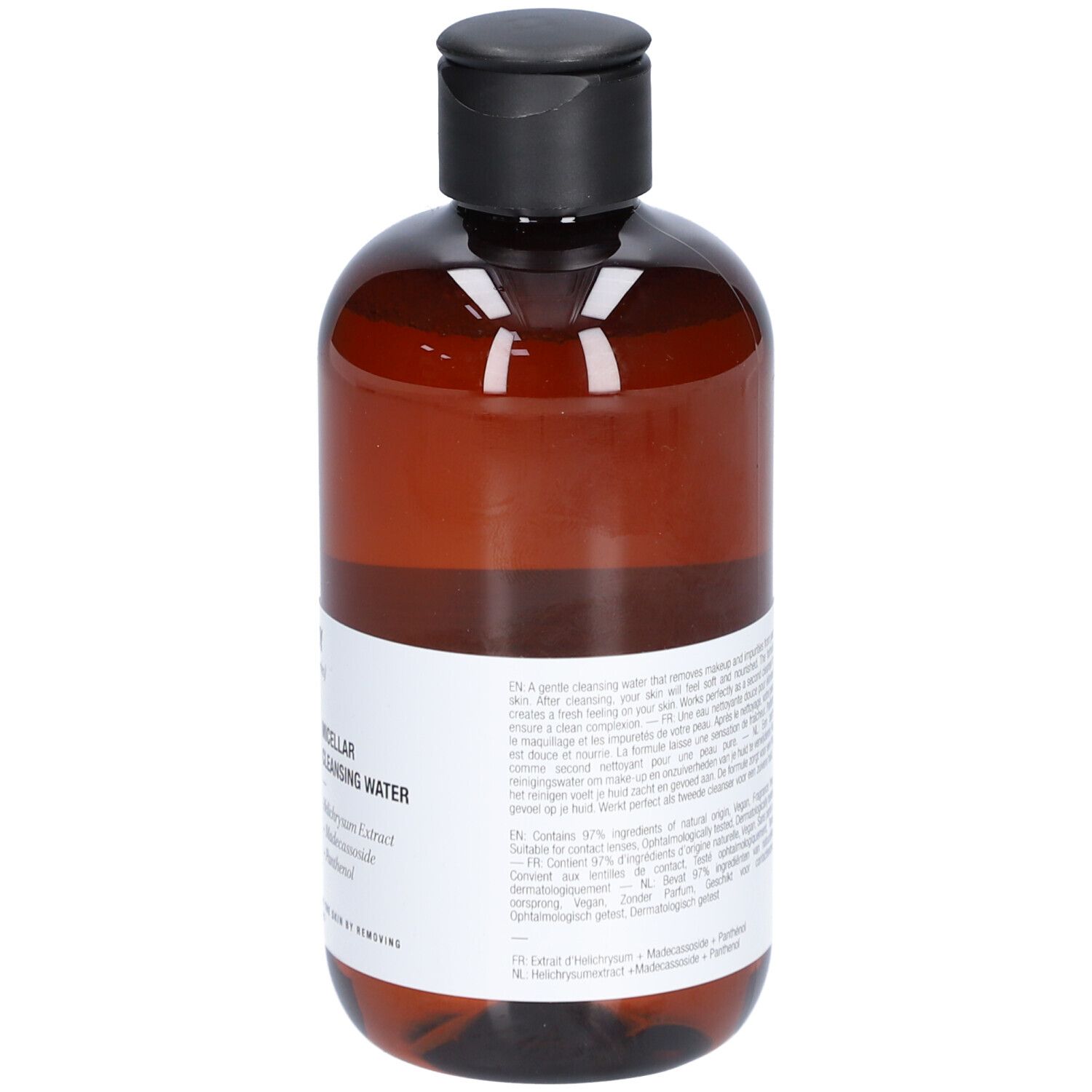 Braune Flasche mit schwarzem Deckel. Aufschrift: THE REMEDY (laboratories) Micellar Cleansing Water. Enthält Helichrysum Extract, Madecassoside, Panthenol.