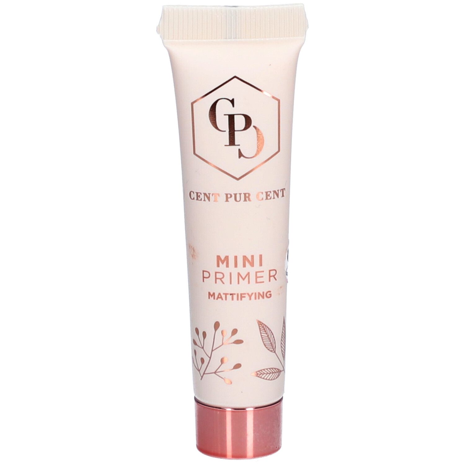 Kleine, rosa Tube mit Produktnamen und Logo. "MINI PRIMER MATTIFYING" steht darunter. Rosafarbener Schraubverschluss.