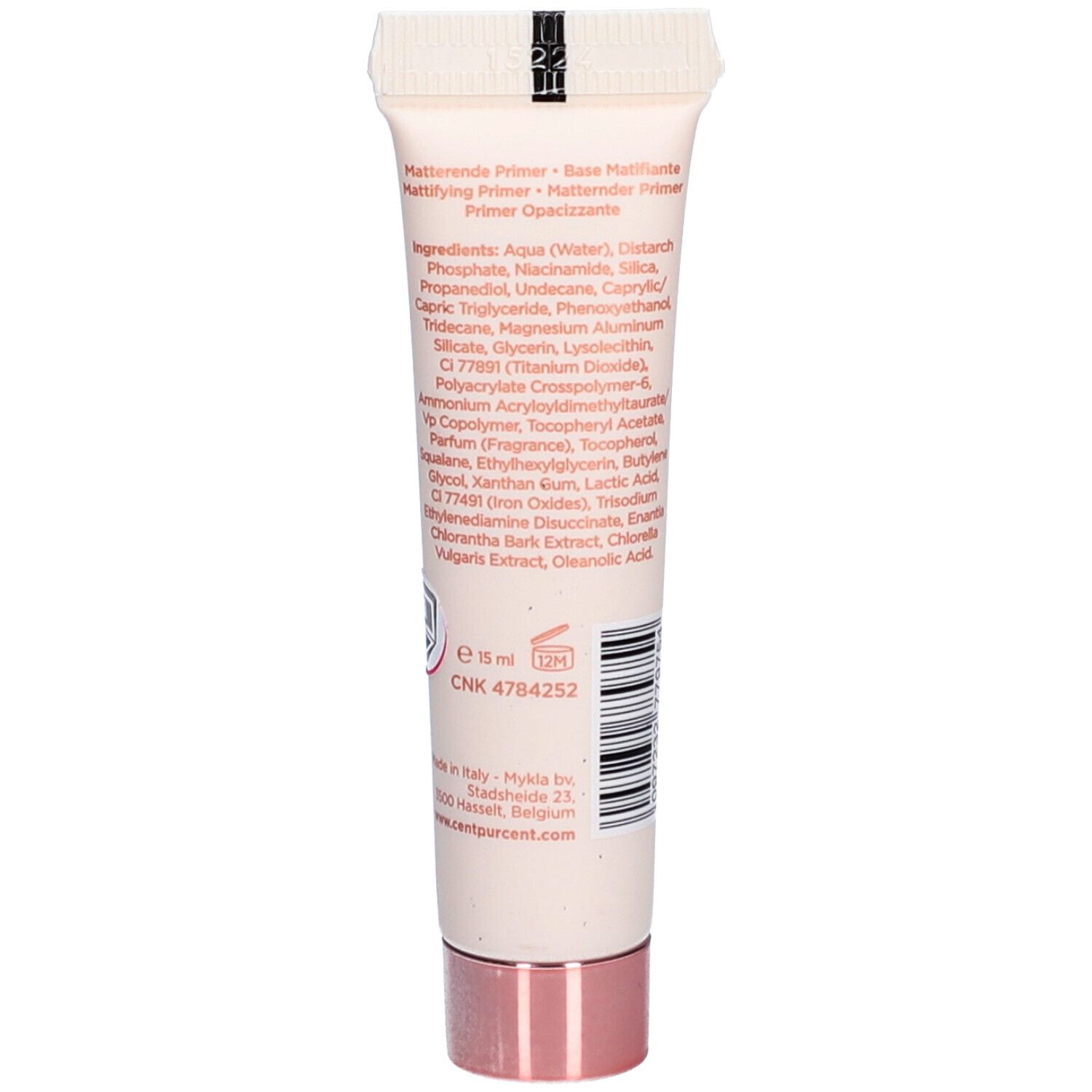 Rückseite einer kleinen, rosa Tube. Text mit Inhaltsstoffen und Herstellerinformationen. Rosafarbener Schraubverschluss.