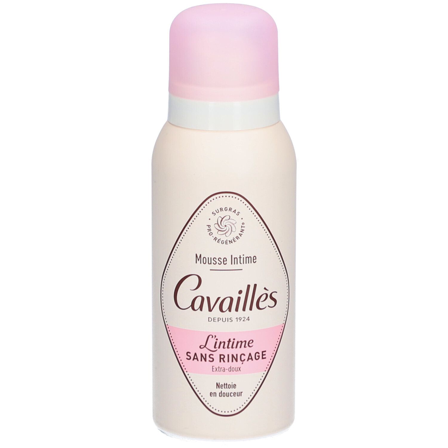 Beige Flasche mit rosa Deckel. Aufschrift: Mousse Intime, Cavaillès, L'intime Sans Rincage.