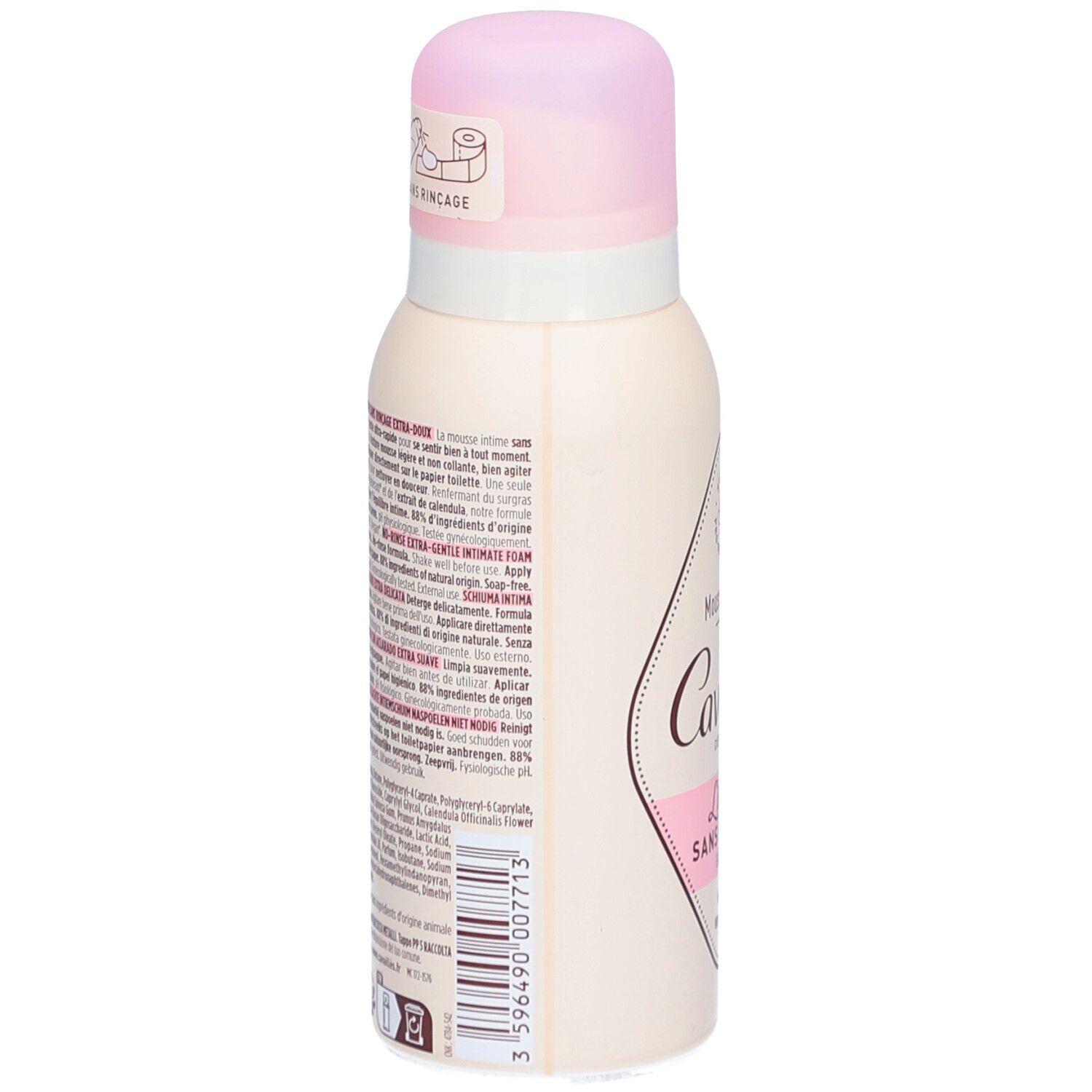 Beige Flasche mit rosa Deckel. Aufschrift: Mousse Intime, Cavaillès. Text und Inhaltsstoffe auf der Rückseite.