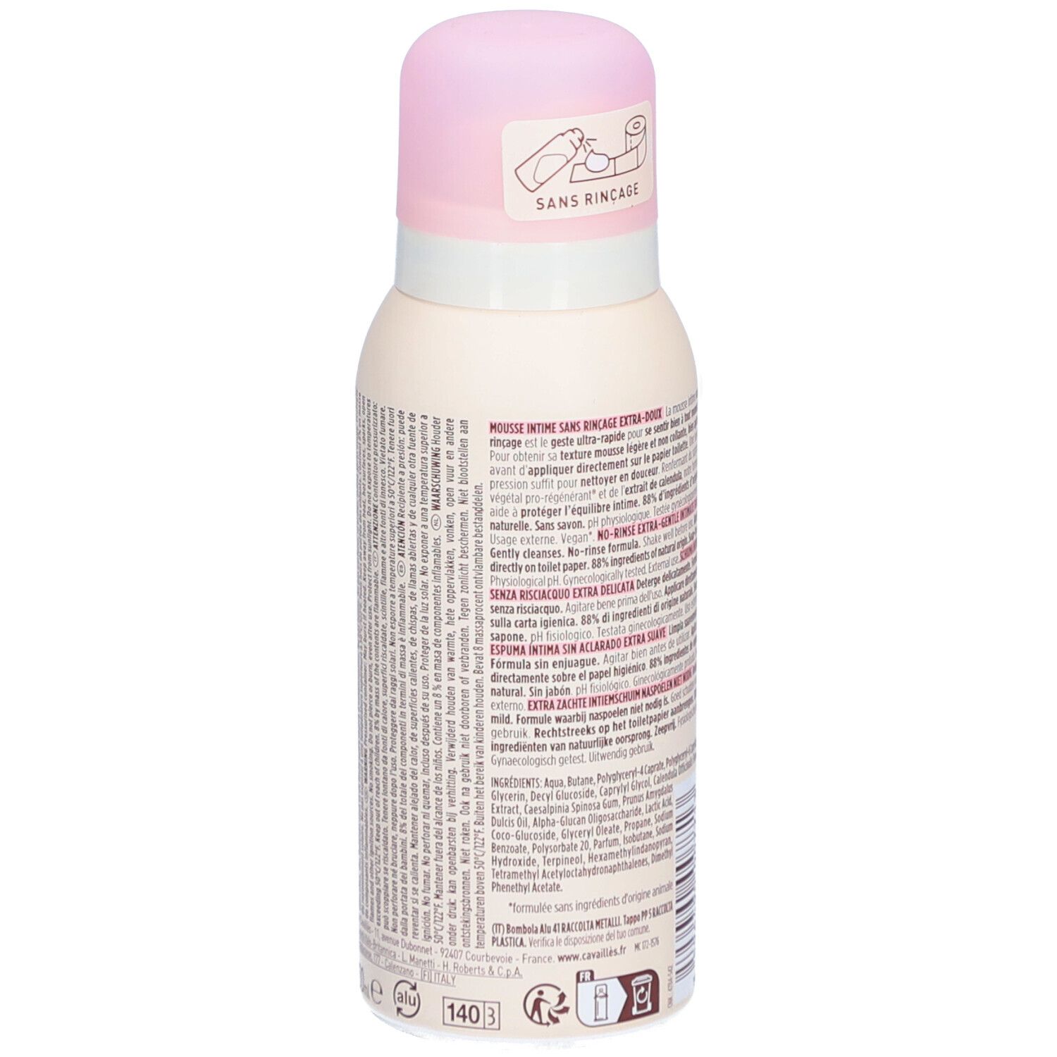 Rückansicht einer beige Flasche mit rosa Deckel. Text und Inhaltsstoffe sind aufgedruckt.
