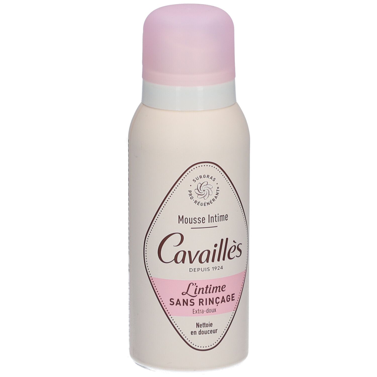 Beige Flasche mit rosa Deckel. Aufschrift: Mousse Intime, Cavaillès, L'intime Sans Rincage.