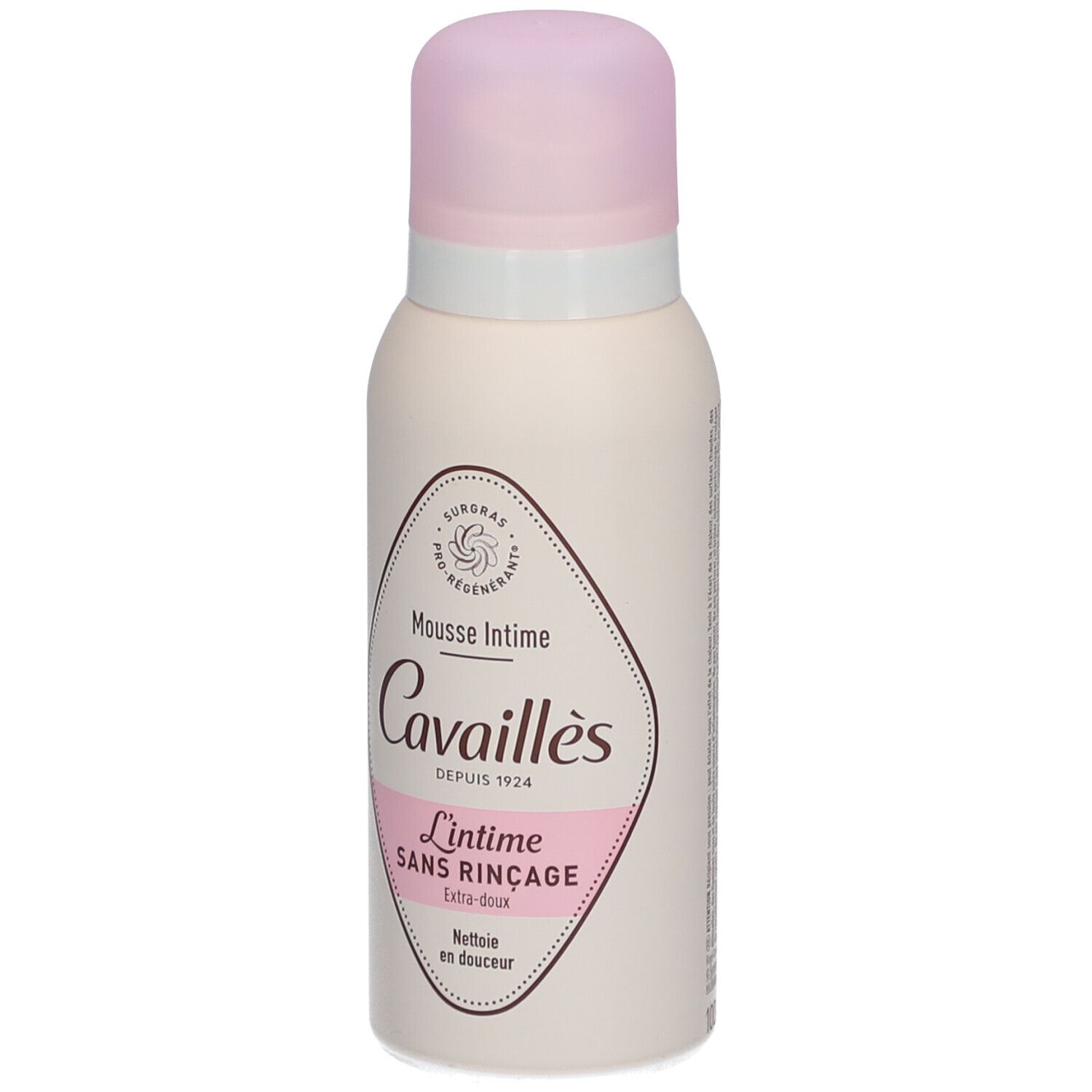 Beige Flasche mit rosa Deckel. Aufschrift: Mousse Intime, Cavaillès, L'intime Sans Rincage.