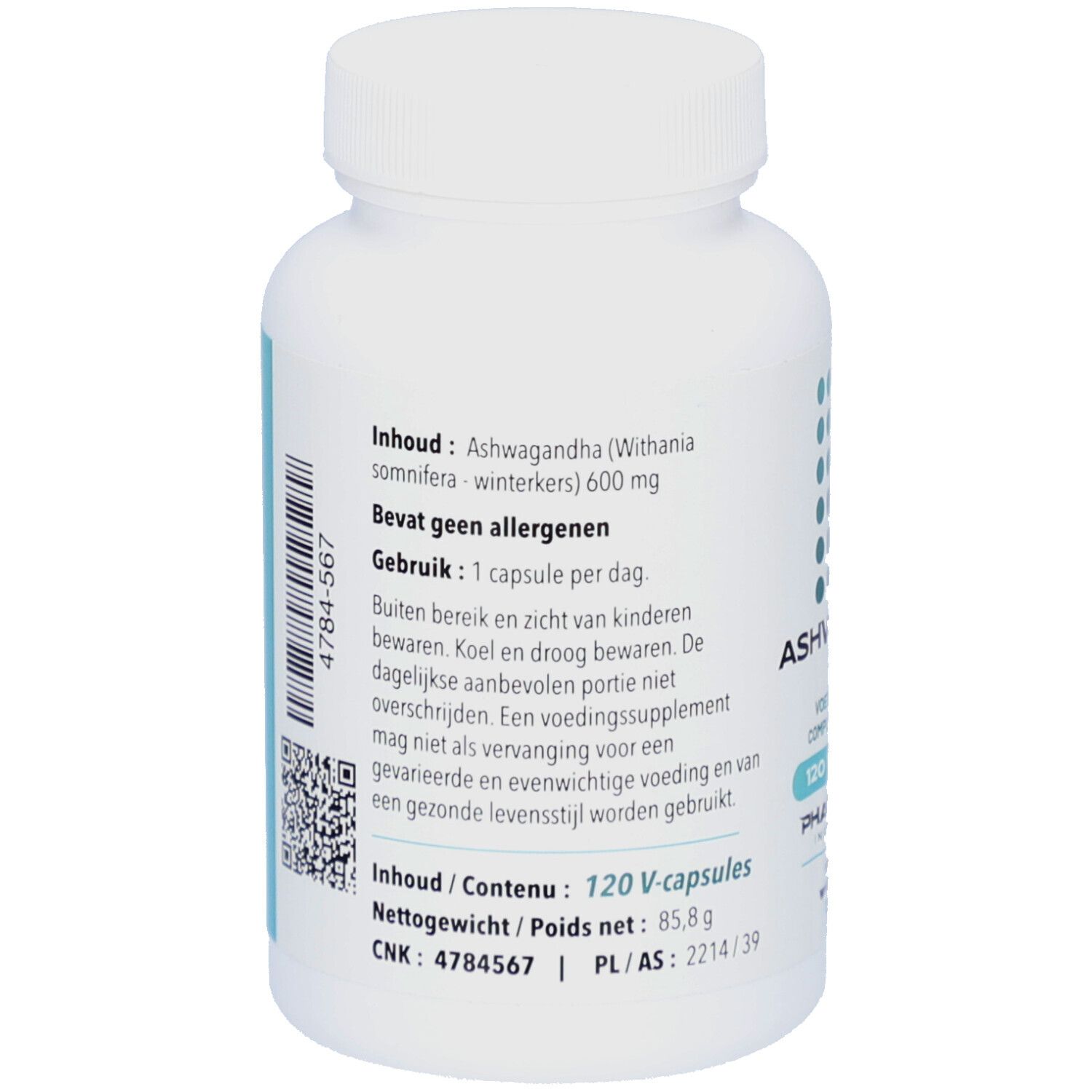 Rückseite der weißen Flasche. Text mit Inhaltsangaben und Gebrauchsanweisung. QR-Code und Barcode.