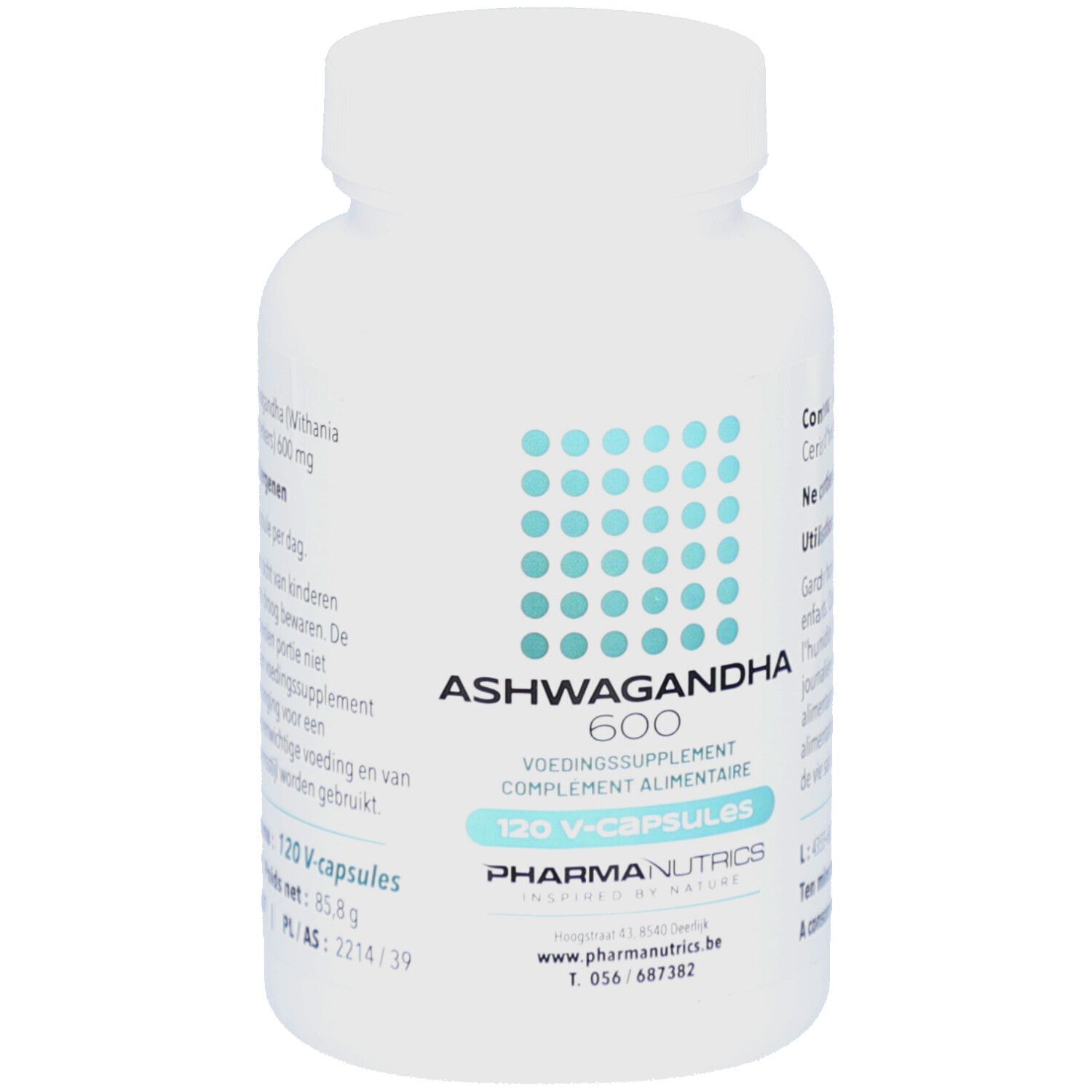 Weiße Flasche mit Ashwagandha 600 Kapseln. Blaue Punkte und Text. Marke: PharmaNutrics. 120 V-Kapseln.