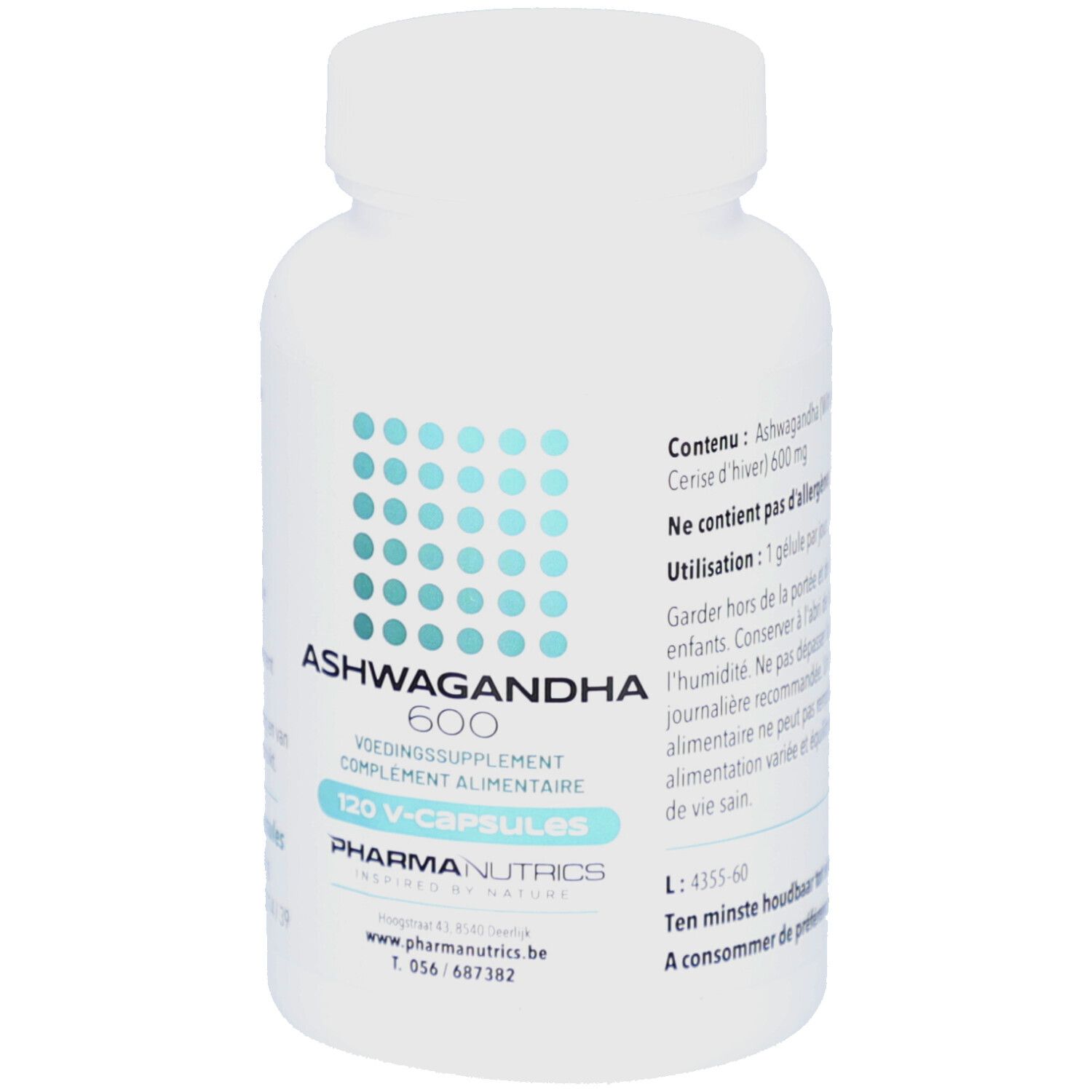 Weiße Flasche mit Ashwagandha 600 Kapseln. Blaue Punkte und Text. Marke: PharmaNutrics. 120 V-Kapseln.