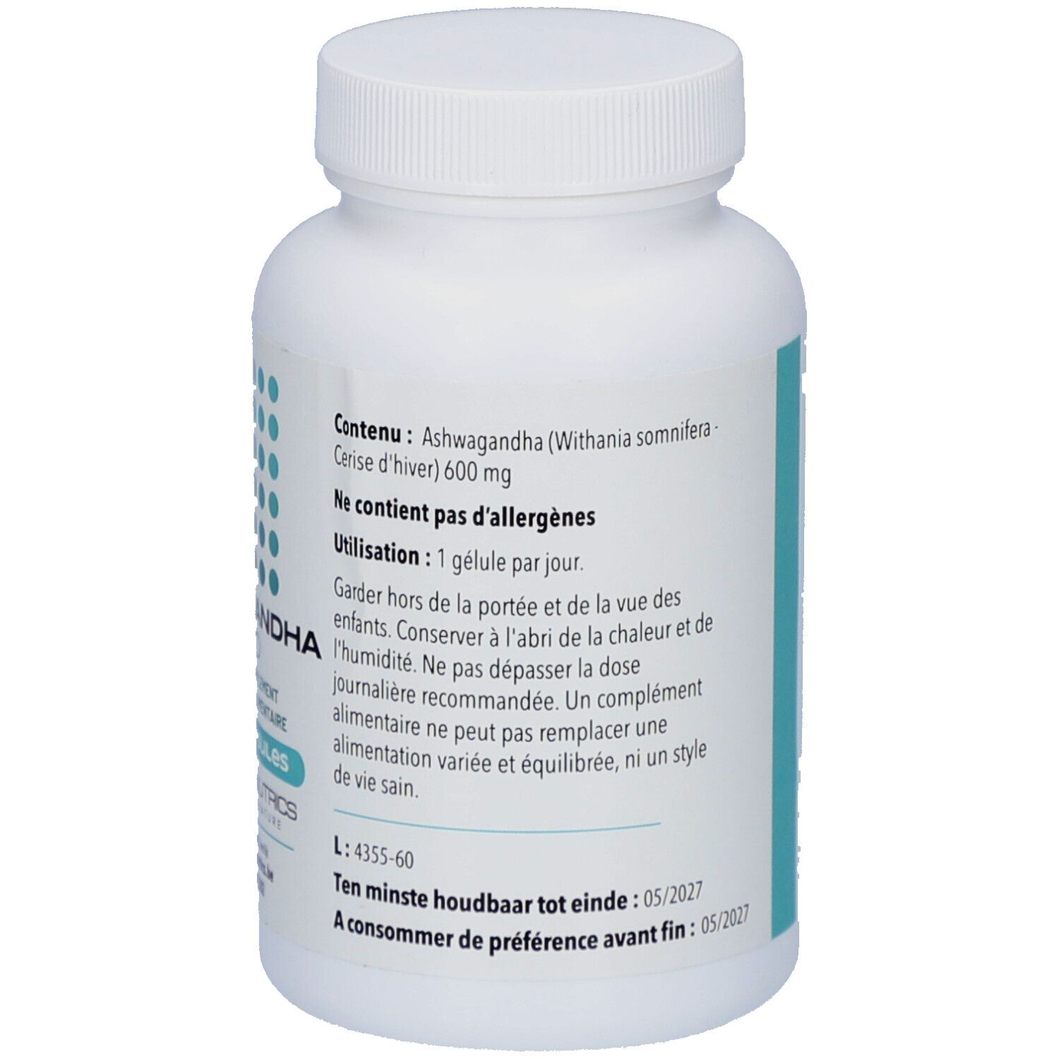 Rückseite der weißen Flasche. Text mit Inhaltsangaben und Gebrauchsanweisung. QR-Code und Barcode.