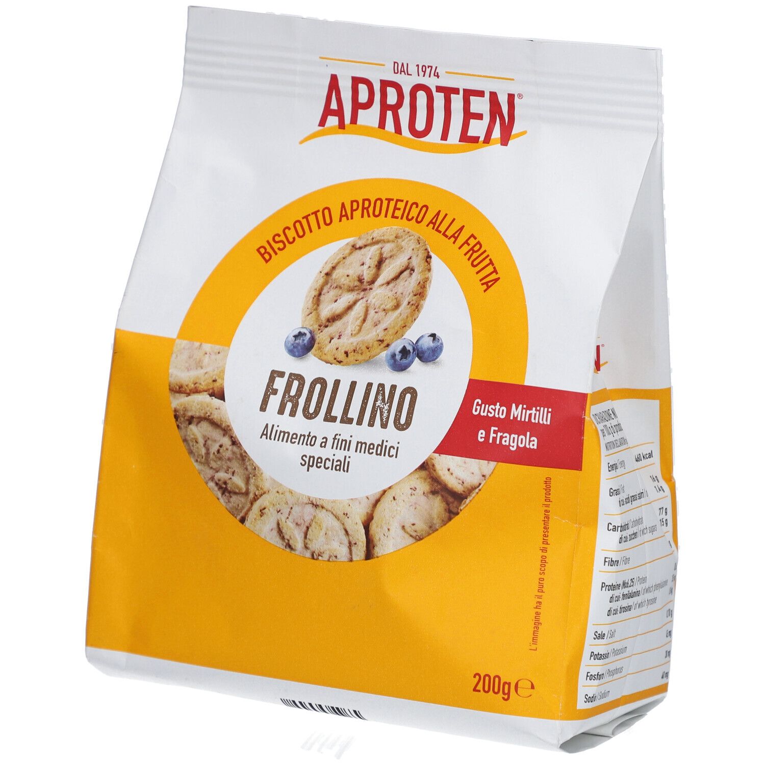 Verpackung von Aproten Kekse Früchte. Aufdruck: Frollino, Geschmack Blaubeere und Erdbeere. 200g.