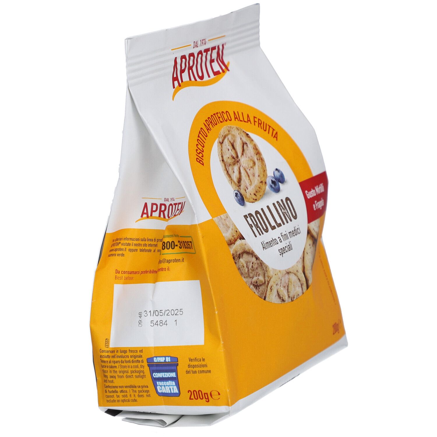 Verpackung von Aproten Kekse Früchte. Aufdruck: Frollino, Geschmack Blaubeere und Erdbeere. 200g. Mindesthaltbarkeitsdatum.