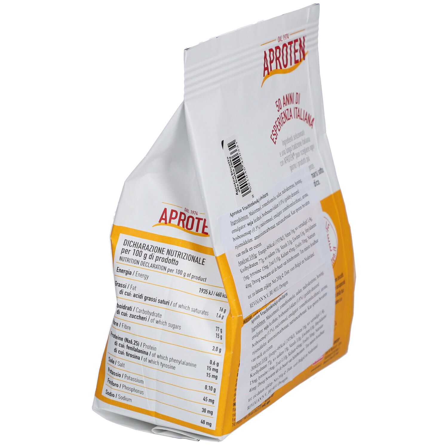 Rückseite der Aproten Kekse Früchte Verpackung. Nährwertdeklaration pro 100g. Angaben zu Fett, Kohlenhydraten, Proteinen, Salz.