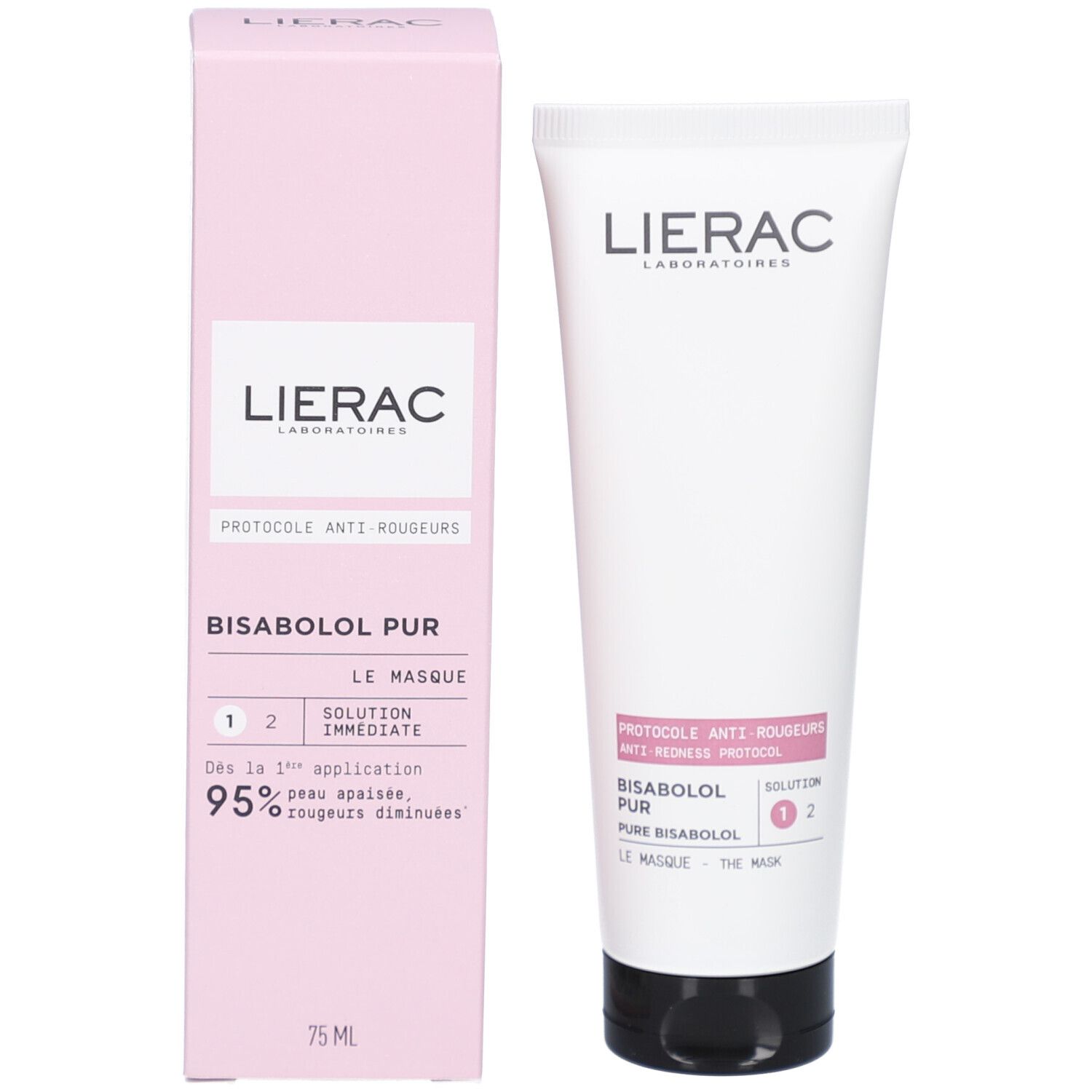 Produkt und Verpackung. Weiße Tube und rosa Schachtel. Aufschrift: LIERAC, PROTOCOLE ANTI-ROUGEURS, BISABOLOL PUR, LE MASQUE.