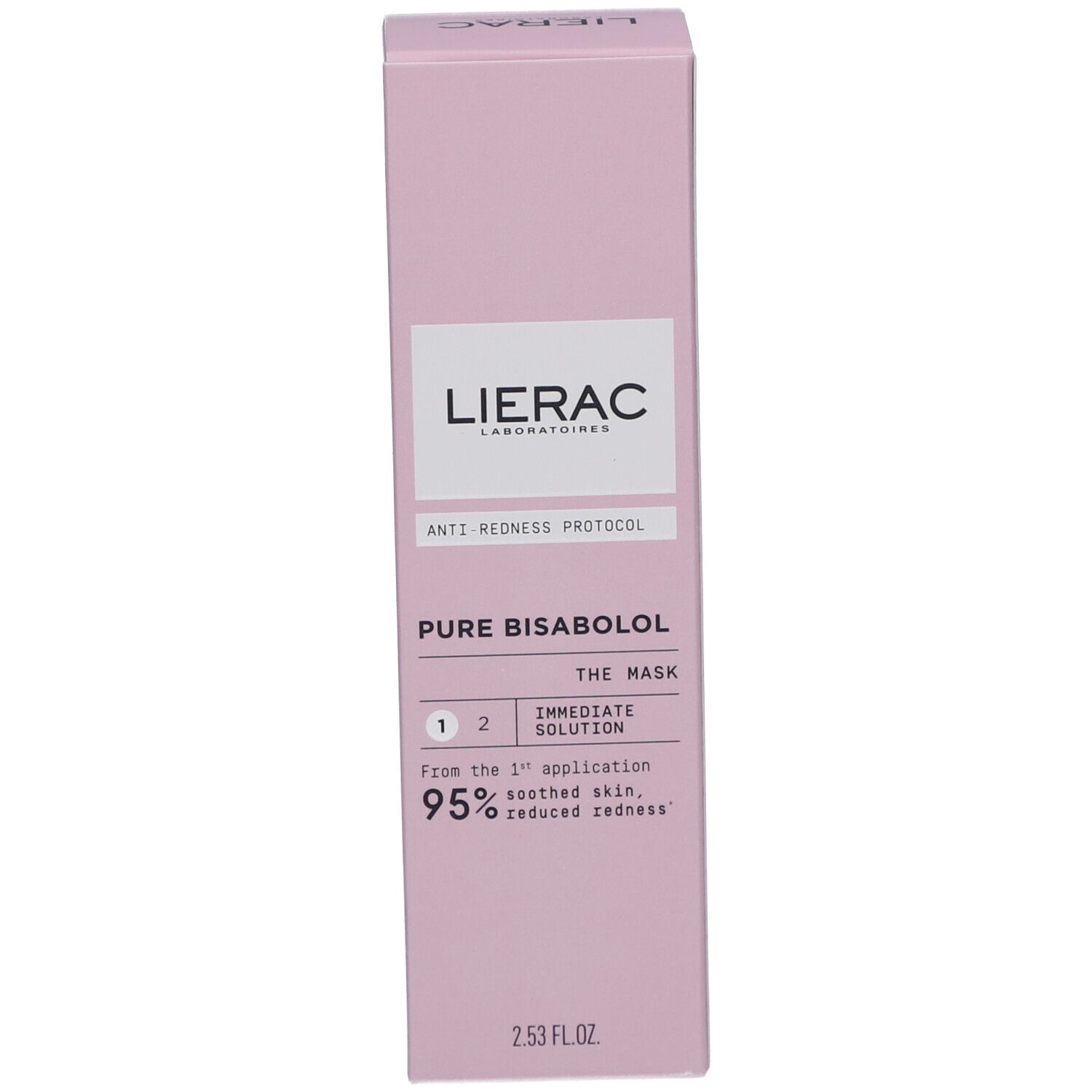 Schachtel, rosa. Aufschrift: LIERAC, ANTI-REDNESS PROTOCOL, PURE BISABOLOL, THE MASK. 2.53 FL.OZ.