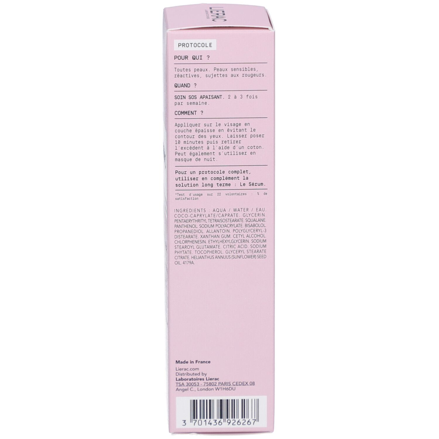 Rückseite der rosa Schachtel. Text in mehreren Sprachen. Inhaltsstoffe und Herstellerinformationen. Marke: LIERAC.