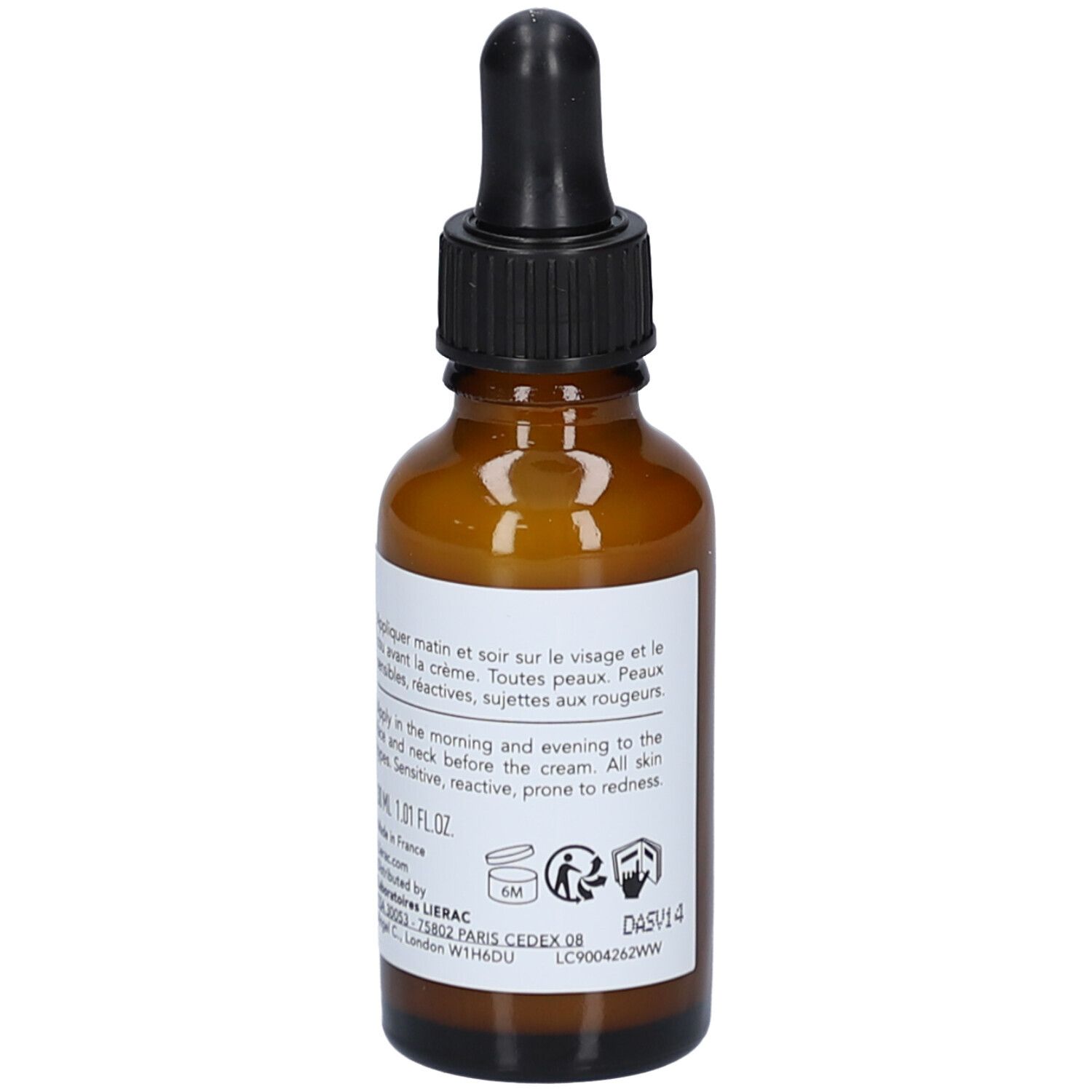 Flacon en verre brun avec compte-gouttes noir. Étiquette avec informations produit. Lierac Proto Anti-Rougeurs Sérum.