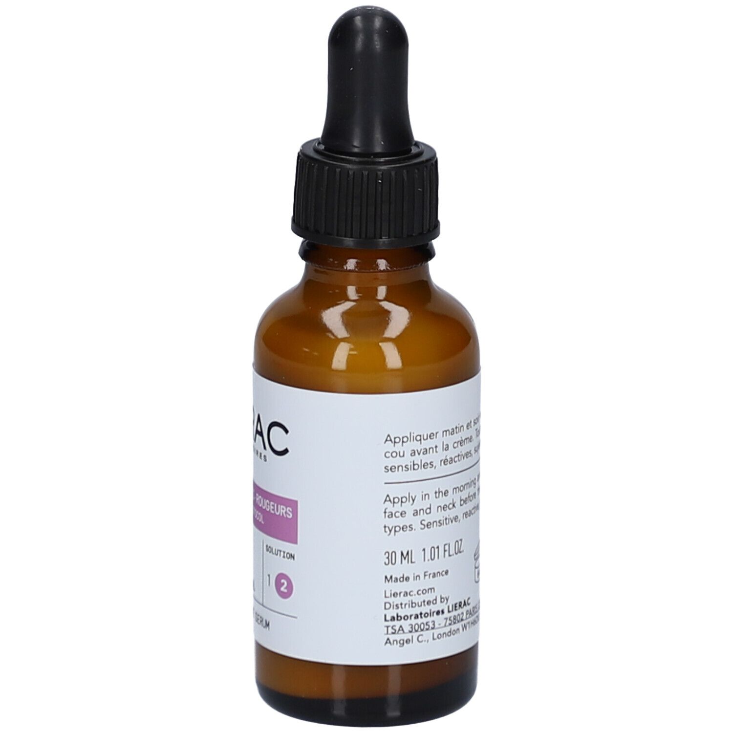 Flacon en verre brun avec compte-gouttes noir. Étiquette avec informations produit. Lierac Proto Anti-Rougeurs Sérum.