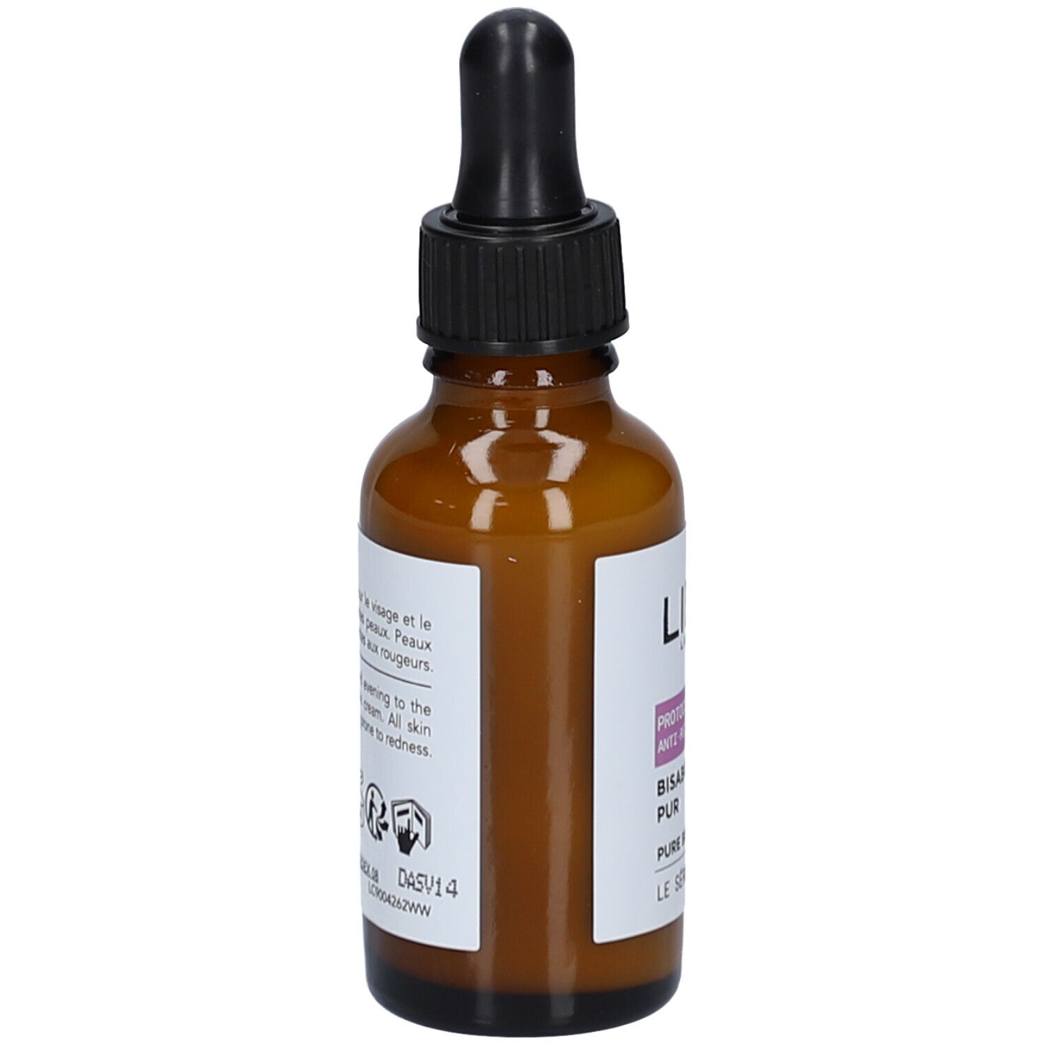 Flacon en verre brun avec compte-gouttes noir. Étiquette avec informations produit. Lierac Proto Anti-Rougeurs Sérum.