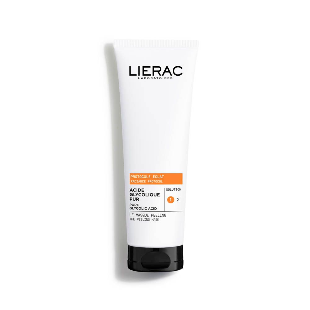 Tube blanc avec bouchon noir. Inscriptions: LIERAC, PROTOCOLE ÉCLAT, ACIDE GLYCOLIQUE PUR, SOLUTION 1 2. Bande orange.