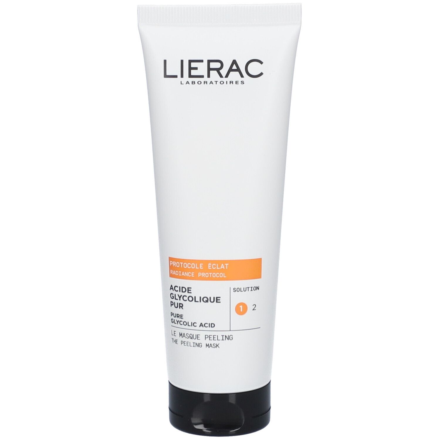 Tube blanc avec bouchon noir. Inscriptions: LIERAC, PROTOCOLE ÉCLAT, ACIDE GLYCOLIQUE PUR, SOLUTION 1 2. Bande orange.